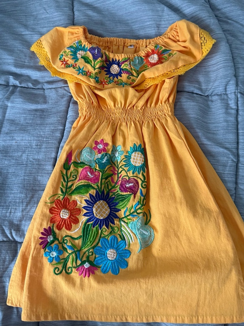 MEXICANA Yellow Off-Shoulder Dress with Multicolor Floral Embroidery
